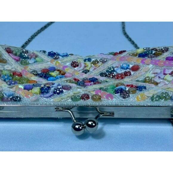Seashell Beachy Dolphin Beaded Clutch Sequin Pastel Evening Shoulder Bag - Picture 5 of 11